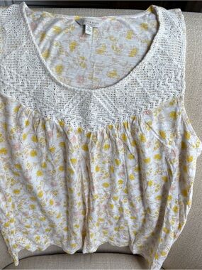 Lucky Brand Cream Tank with Crochet Yoke and Yellow & Pink Floral Print